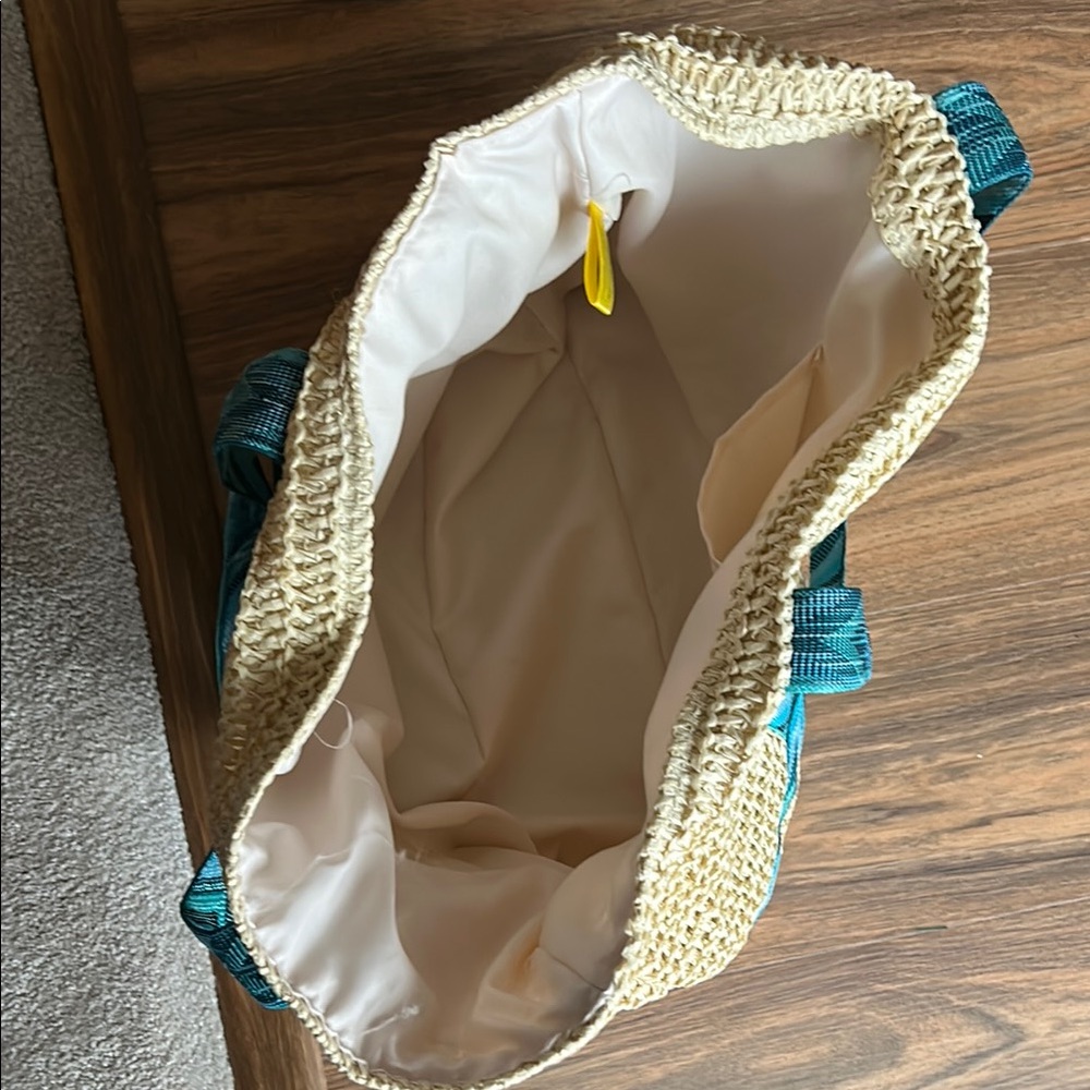 Beach/Market Banana Boat Woven Straw Tote Bag with Blue Accents - Picture 3 of 6